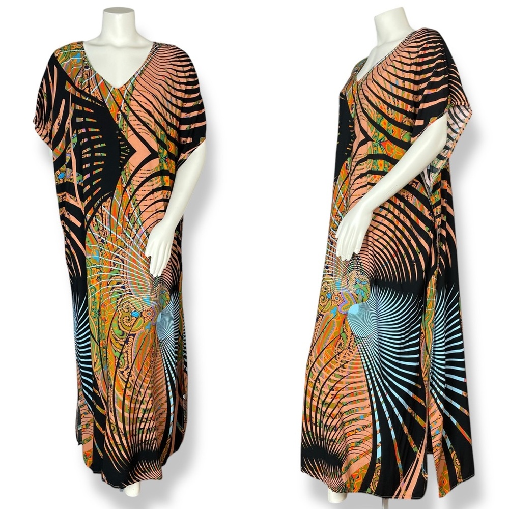 Kaftan Dress Trippy Print Graphic Maxi Women Lounge Beach V-Neck Handmade Caftan